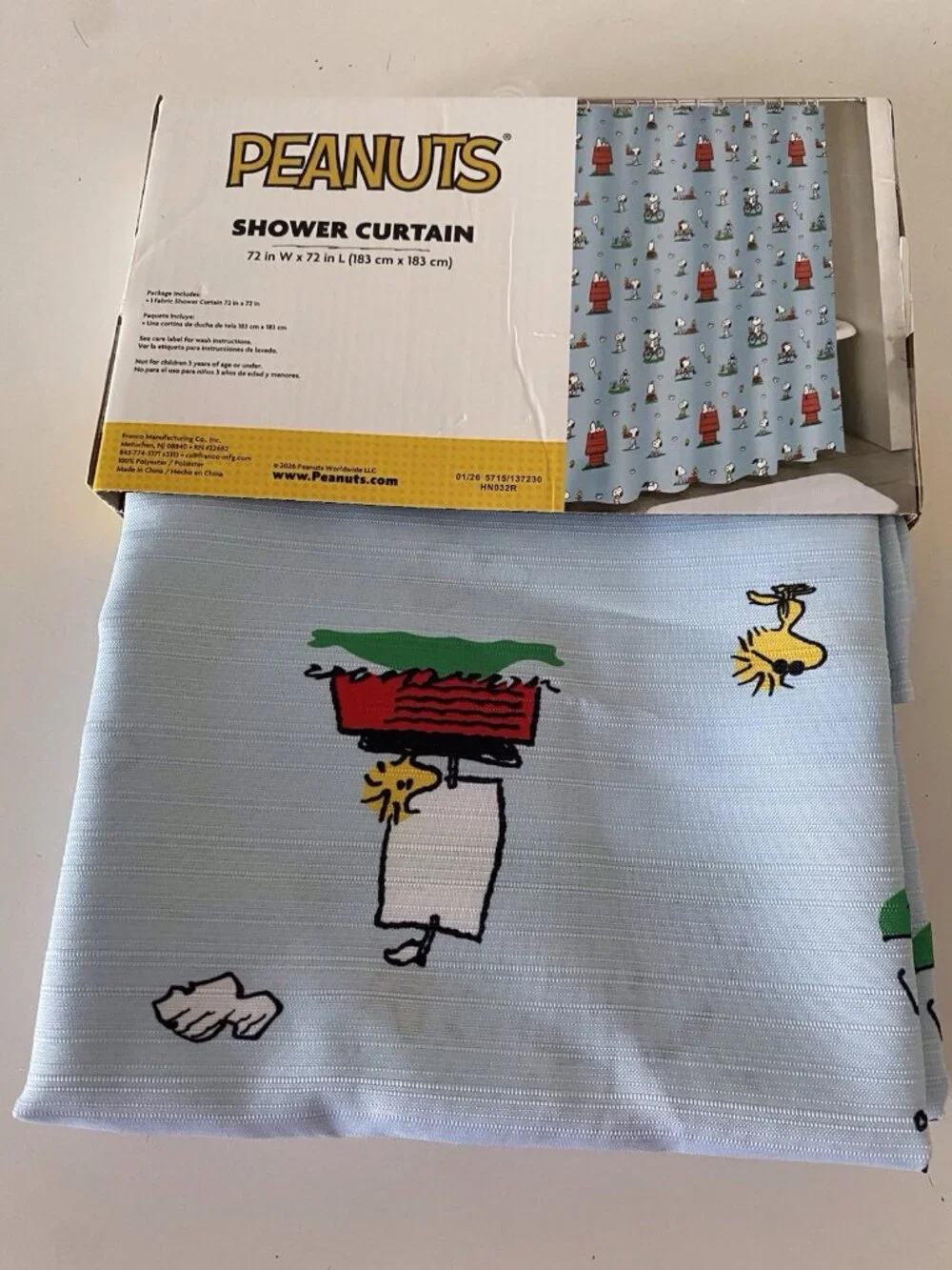 Peanuts Snoopy Woodstock Fabric Shower Curtain 72x 72 Doghouse Bicycle Laugh NEW